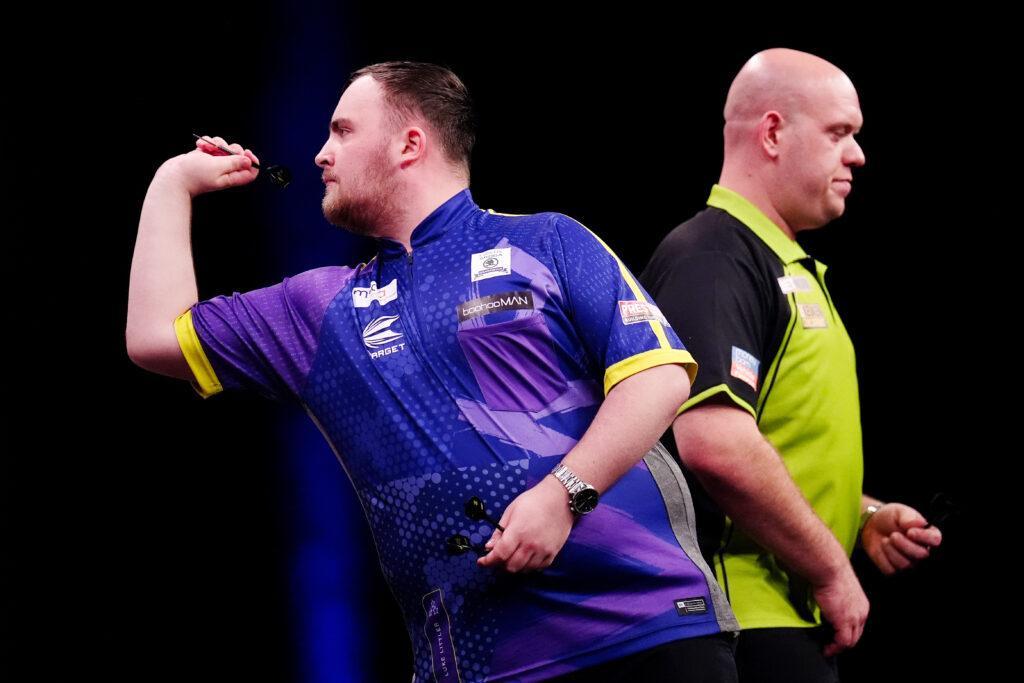 Picture of Luke Littler and Michael van Gerwen. Littler's emergence in the sport world was one of the big sports stories of 2024.